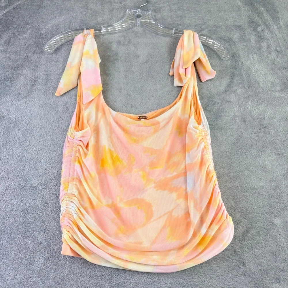 Free People L‎ Avenue Ivory Orange Ruched Mesh Tie Dye Tank Top Boho Summer NWT